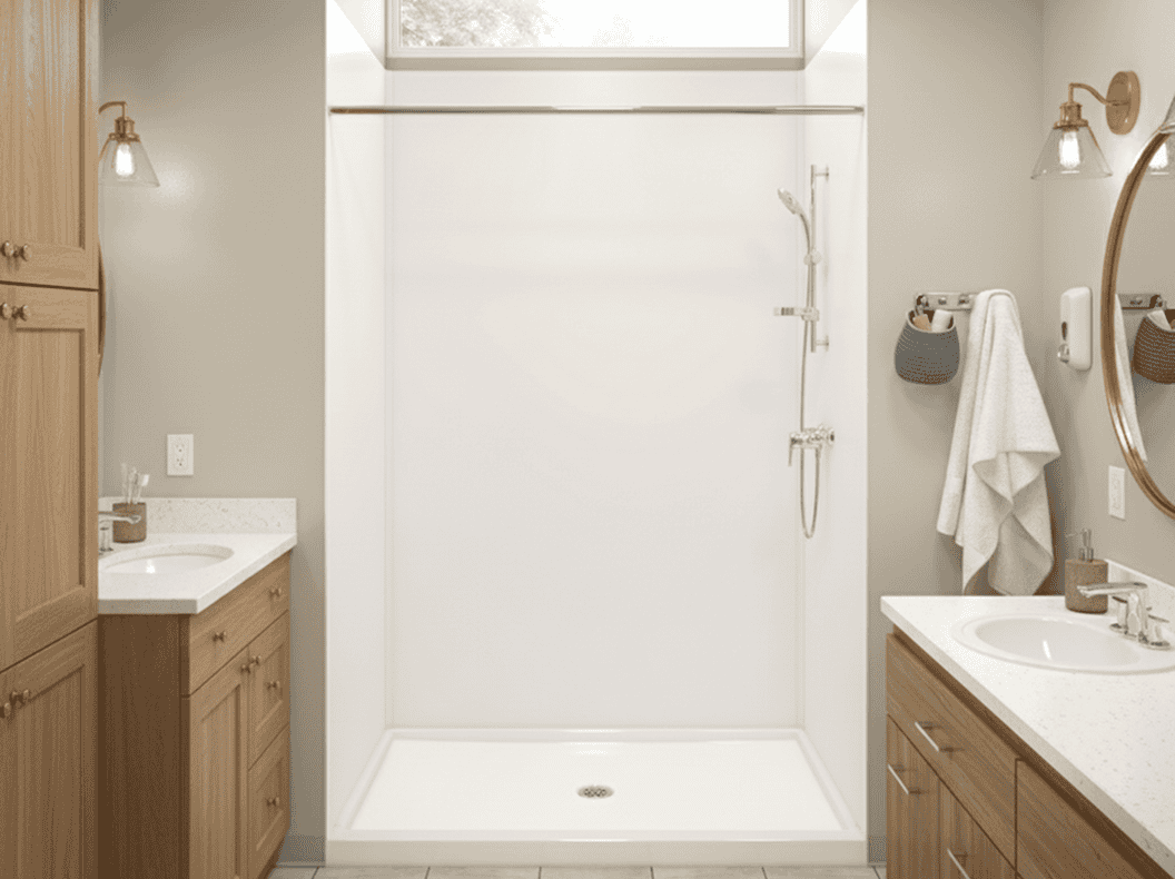Bathroom shower with glass enclosure and wooden vanities.