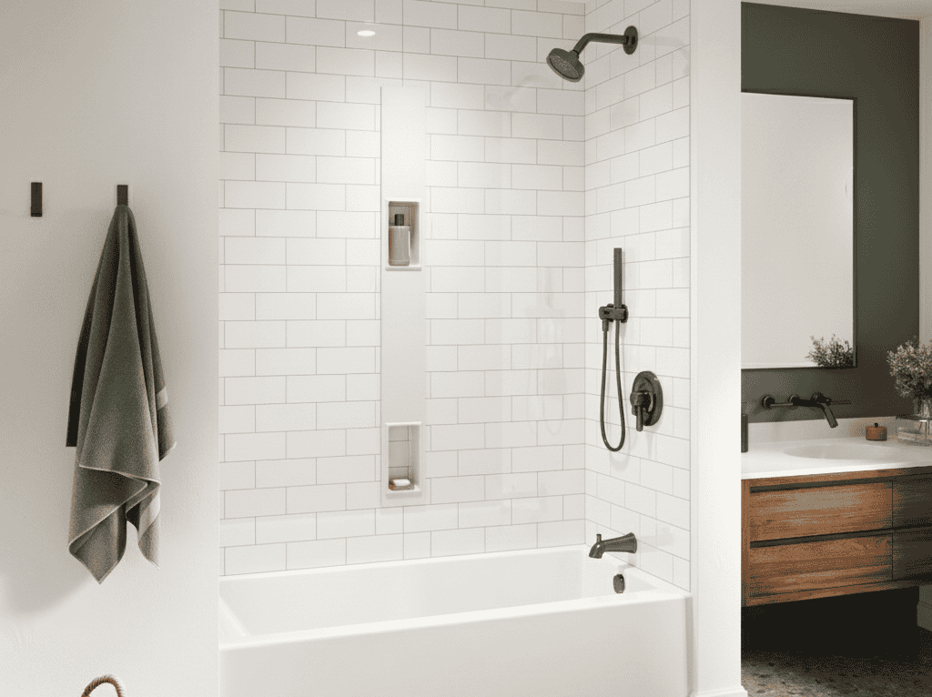 Modern bathroom shower with white subway tiles, black fixtures, and a bathtub.