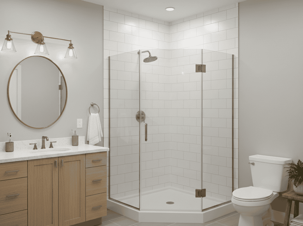 Shower enclosure with glass doors in a contemporary bathroom setting.