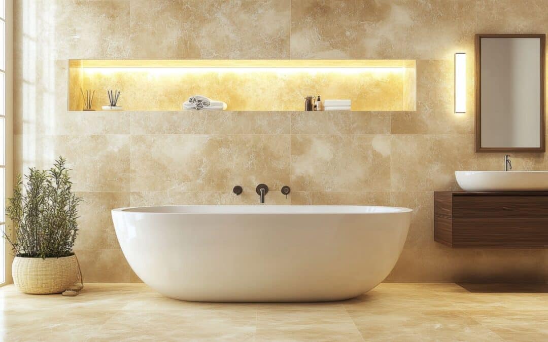 Elegant freestanding bathtub in a contemporary bathroom with warm lighting and natural decor.